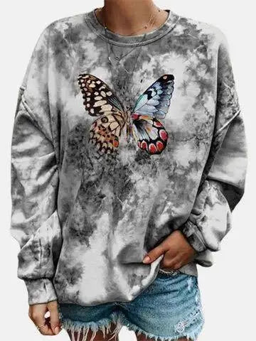 LOVEMI - Butterfly Print Long-Sleeved Round Neck Bottoming Sweater