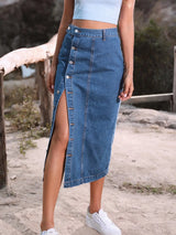 Button Irregular Slit Skirt Denim High Waist Long Skirt -
