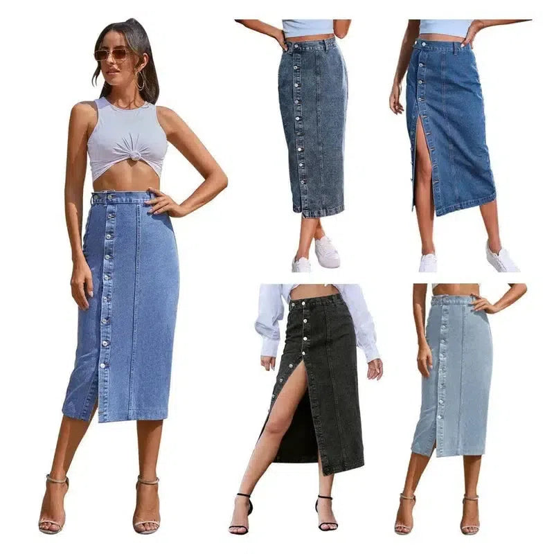 Button Irregular Slit Skirt Denim High Waist Long Skirt-9