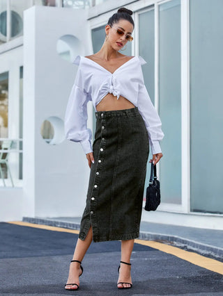 Button Irregular Slit Skirt Denim High Waist Long Skirt - 1