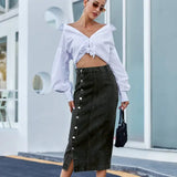 Button Irregular Slit Skirt Denim High Waist Long Skirt - 1