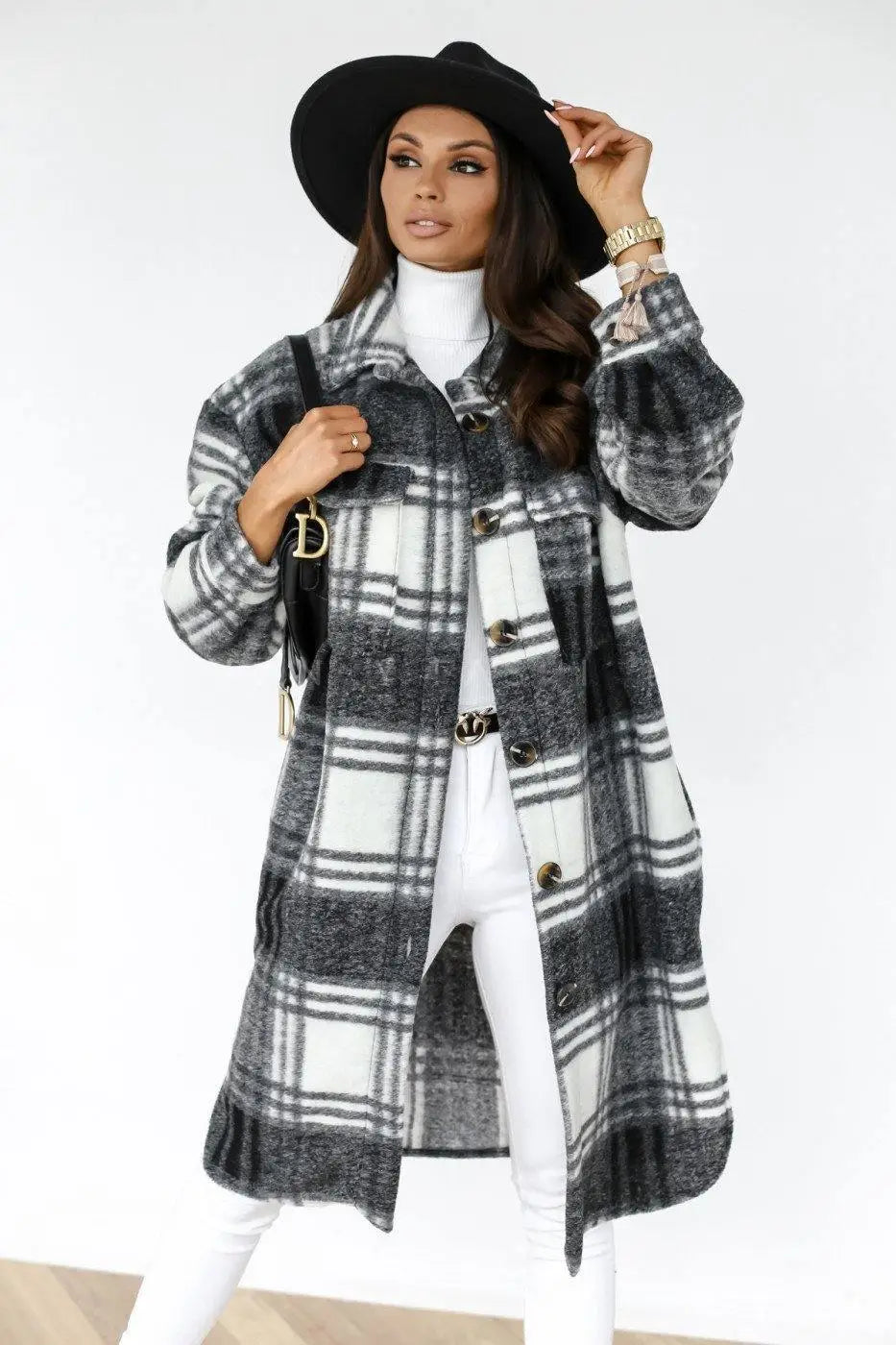 LOVEMI - Button lapel casual warm plaid long woolen coat