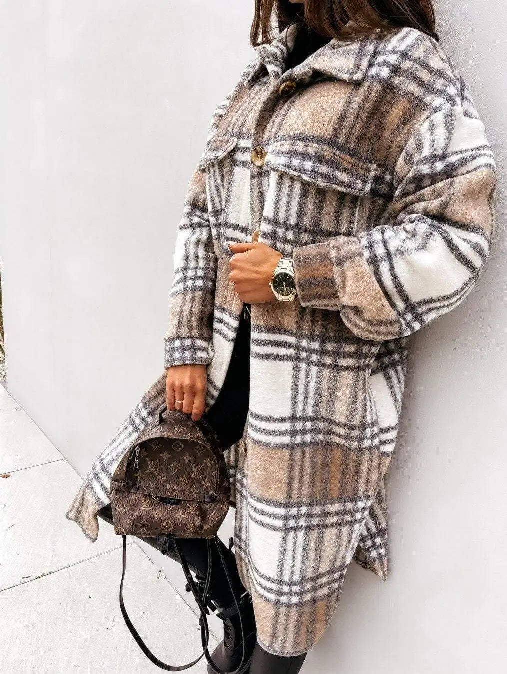 LOVEMI - Button lapel casual warm plaid long woolen coat