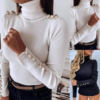 LOVEMI - Button Solid Color Turtleneck Bottoming Shirt Top
