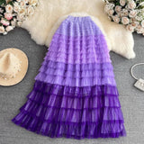 Cake Dress High Waist Contrast-color Ruffled Stitching-Purple-10