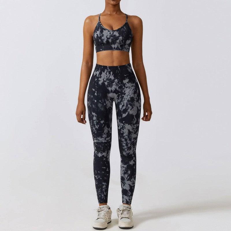 Camouflage Printing Seamless Yoga Suit Quick-drying High Waist Running Workout Clothes-Black And Gray Bra Trousers-9