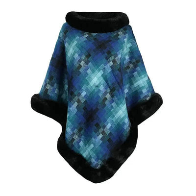 Cape Colored Plaid Thermal Knitting Shawl Women's Coat-Blue-4