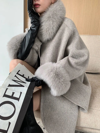 LOVEMI - Cape Fox Fur Collar Cashmere Wavy Coat