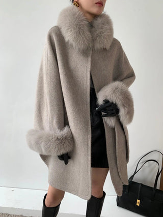 LOVEMI - Cape Fox Fur Collar Cashmere Wavy Coat