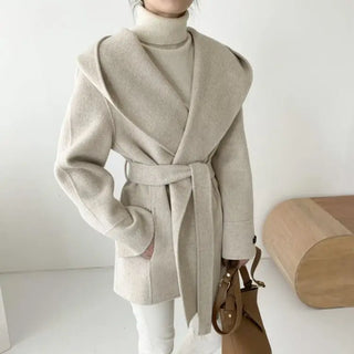 LOVEMI - Cardigan hooded mid-length woolen coat