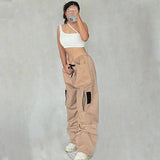 LOVEMI  cargo Lovemi -  Khaki Sweet Cool Sexy Zipper Pocket Stitching Tied Casual Pants High Waist Loose Contrast Color Woven Pants
