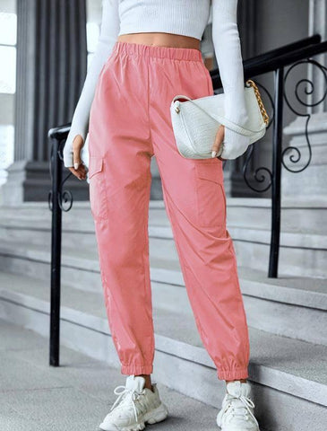 Cargo Pants Fashion Casual Multi-pocket Elastic Waist Pencil-Pink-2