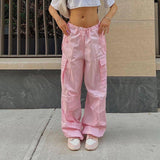 Casual Cargo Pants For Women Solid Color Drawstring Pocket-Pink-2