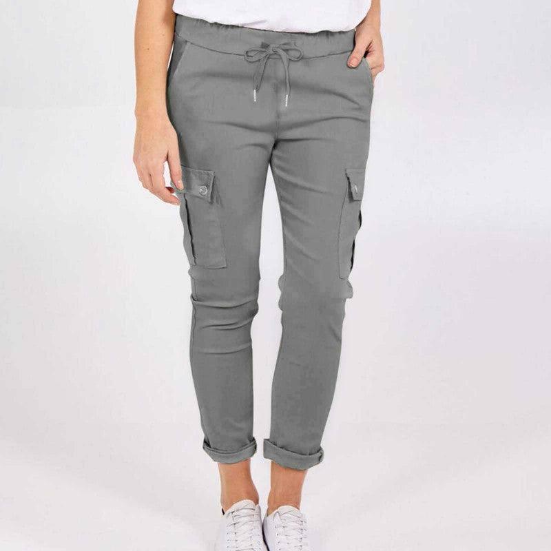 Casual Cargo Pants With Pockets Solid Color Drawstring Waist-Dark Grey-2