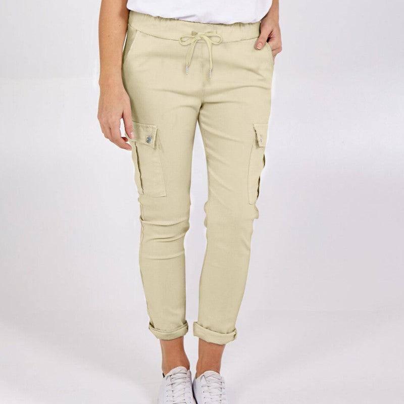 Casual Cargo Pants With Pockets Solid Color Drawstring Waist-Apricot-4