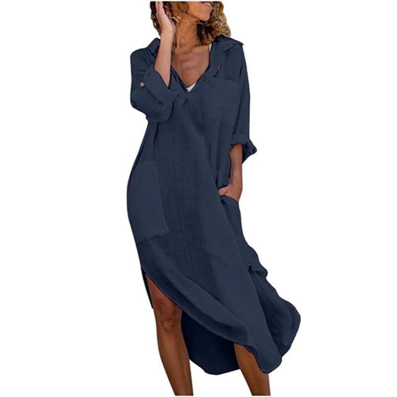 Casual Cotton Linen Loose Shirt Dress Women Summer Fashion-Navy Blue-10