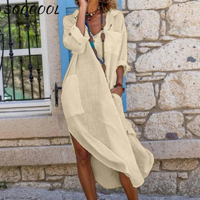 Casual Cotton Linen Loose Shirt Dress Women Summer Fashion-3