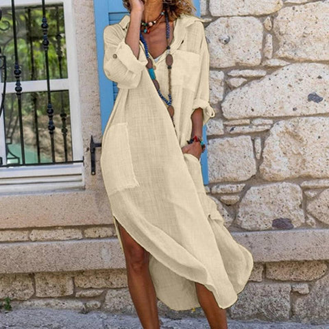 Casual Cotton Linen Loose Shirt Dress Women Summer Fashion-Khaki-8