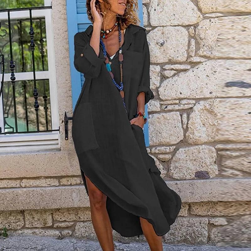 Casual Cotton Linen Loose Shirt Dress Women Summer Fashion-black-9