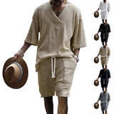 Casual Jacquard Suits Summer V-neck Short-sleeved T-shirt Khaki / 2XL-1