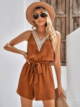 Casual Jumpsuit Lace V-neck Sleeveless Tops Tie-up Shorts-Caramel-3