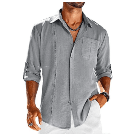 Casual Long Sleeve Shirt With Pocket Lace Polo Collar Solid-Gray-5