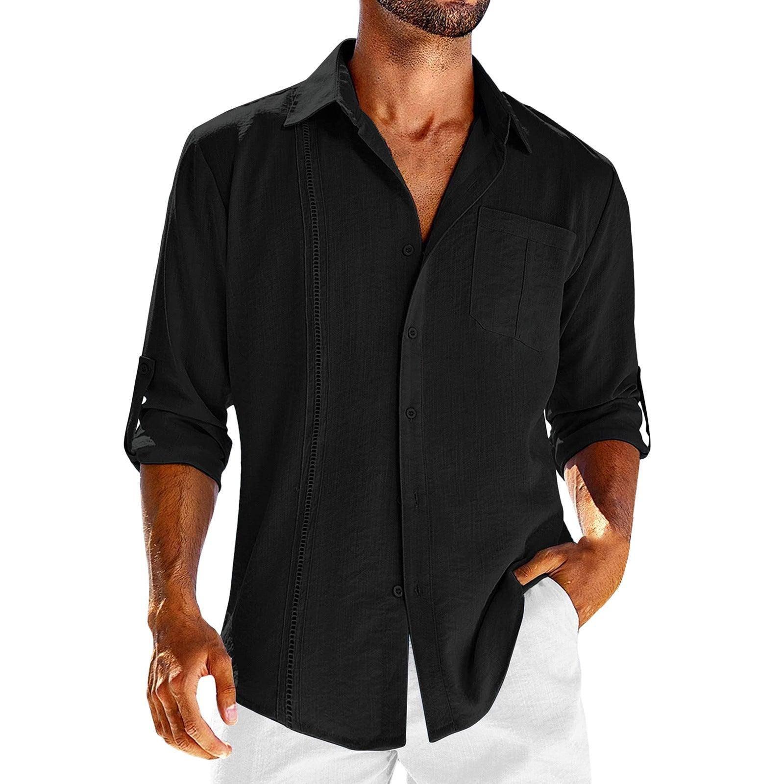 Casual Long Sleeve Shirt With Pocket Lace Polo Collar Solid-Black-7