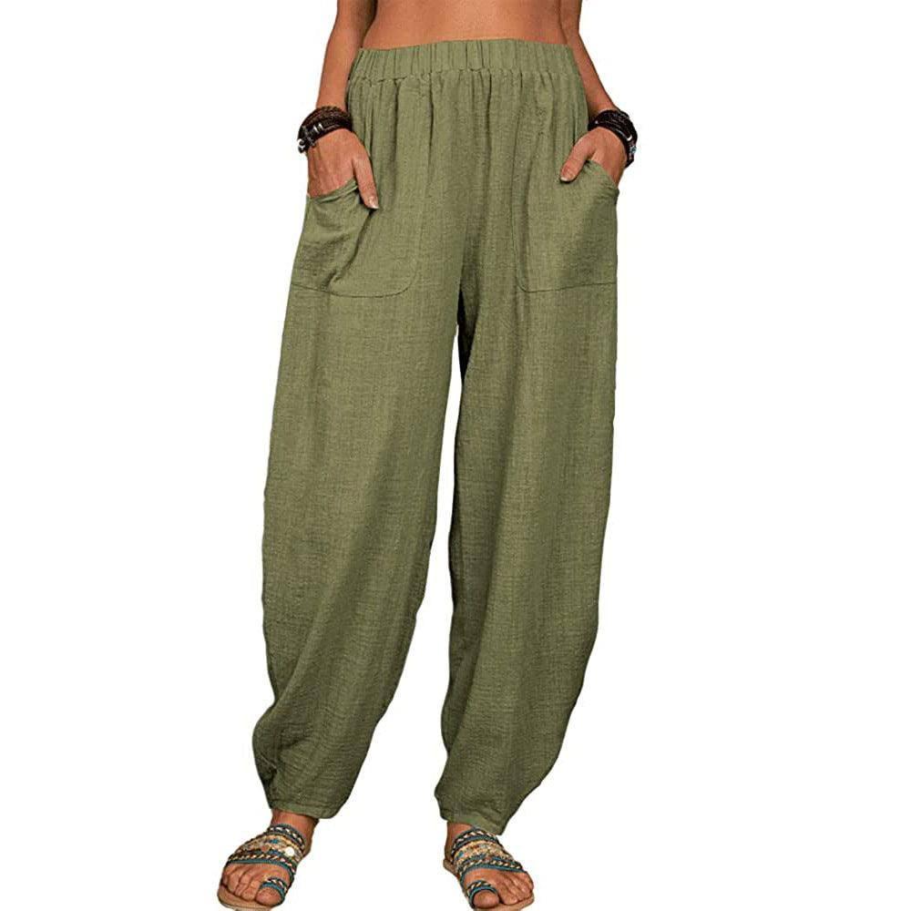 Casual Loose Harem Pants Summer Fashion Solid Color Pockets-Army Green-5