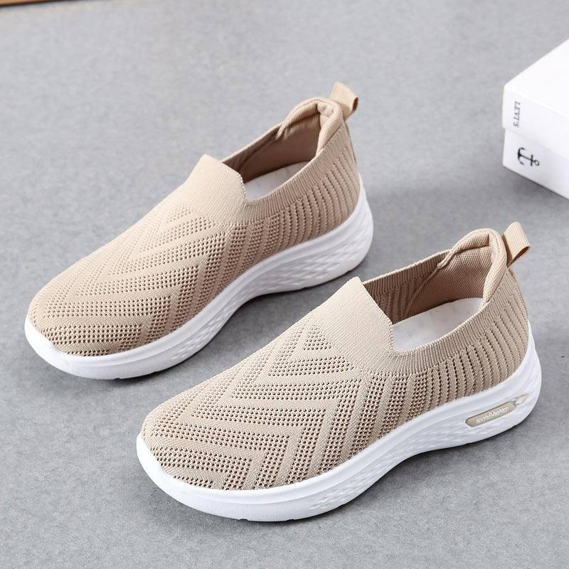 Casual Mesh Shoes Sock Slip On Flat Shoes For Women Sneakers-Khaki-14