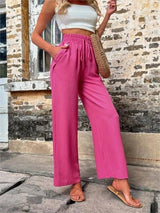 Casual Pants With Pockets Elastic Drawstring High Waist-Rose Red-10