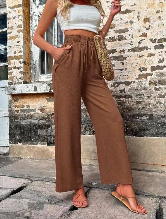 New Casual Pants With Pockets Elastic Drawstring High Waist Loose Trousers For Women-Dark Brown-3