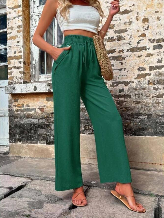 Casual Pants With Pockets Elastic Drawstring High Waist-Dark Green-4