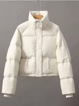 Casual Short Winter Jacket Women Stand Collar Zipper High-White-1