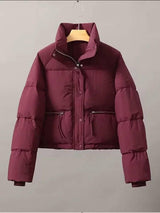 Casual Short Winter Jacket Women Stand Collar Zipper High-Red-2