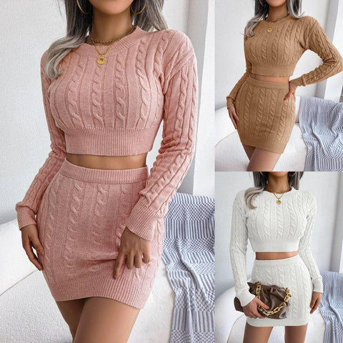 Casual Twist Cropped Sweater Package Hip Skirt Set-1