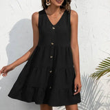 LOVEMI - Casual V-Neck Embellished Button Sleeveless Tank Dress