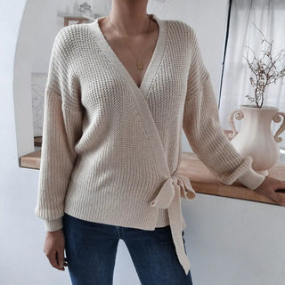 Lovemi - Casual V-neck tie knotted sweater sweater - Apricot