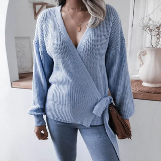 Lovemi - Casual V-neck tie knotted sweater sweater - Blue /