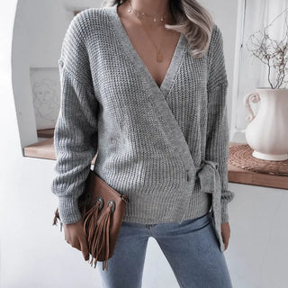 Lovemi - Casual V-neck tie knotted sweater sweater - Grey /