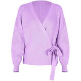 Lovemi - Casual V-neck tie knotted sweater sweater - Purple