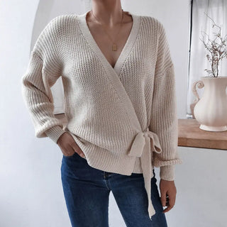 Lovemi - Casual V-neck tie knotted sweater sweater -