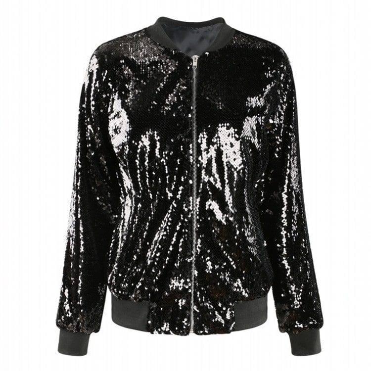 Casual Women's Autumn Sequined Jacket-Black-5