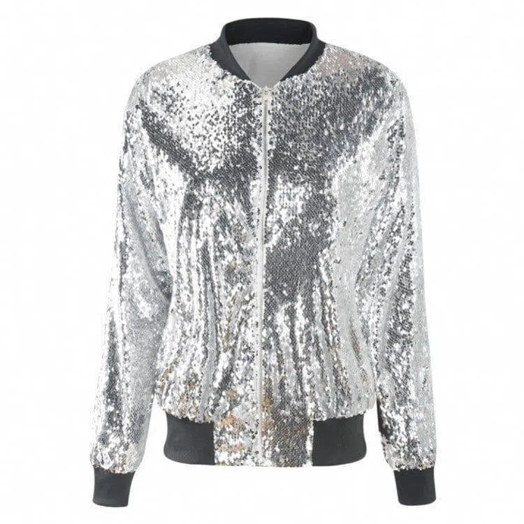 Casual Women's Autumn Sequined Jacket-Bright Silver-6