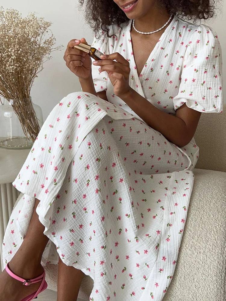 Casual Women's Summer Dresses 100% Cotton Floral Print-Pink Flower-3