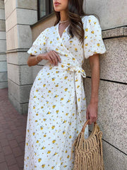 Casual Women's Summer Dresses 100% Cotton Floral Print-Yellow Flower-4