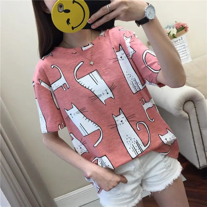LOVEMI - Cat Print Short Sleeve T-Shirt Red Student Base Top