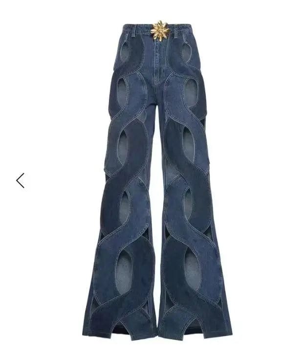 LOVEMI  ccargo Navy Blue / S Lovemi -  Women Streetwear Cutout Hollow Out Criss Cross Straight Flare Denim Pants