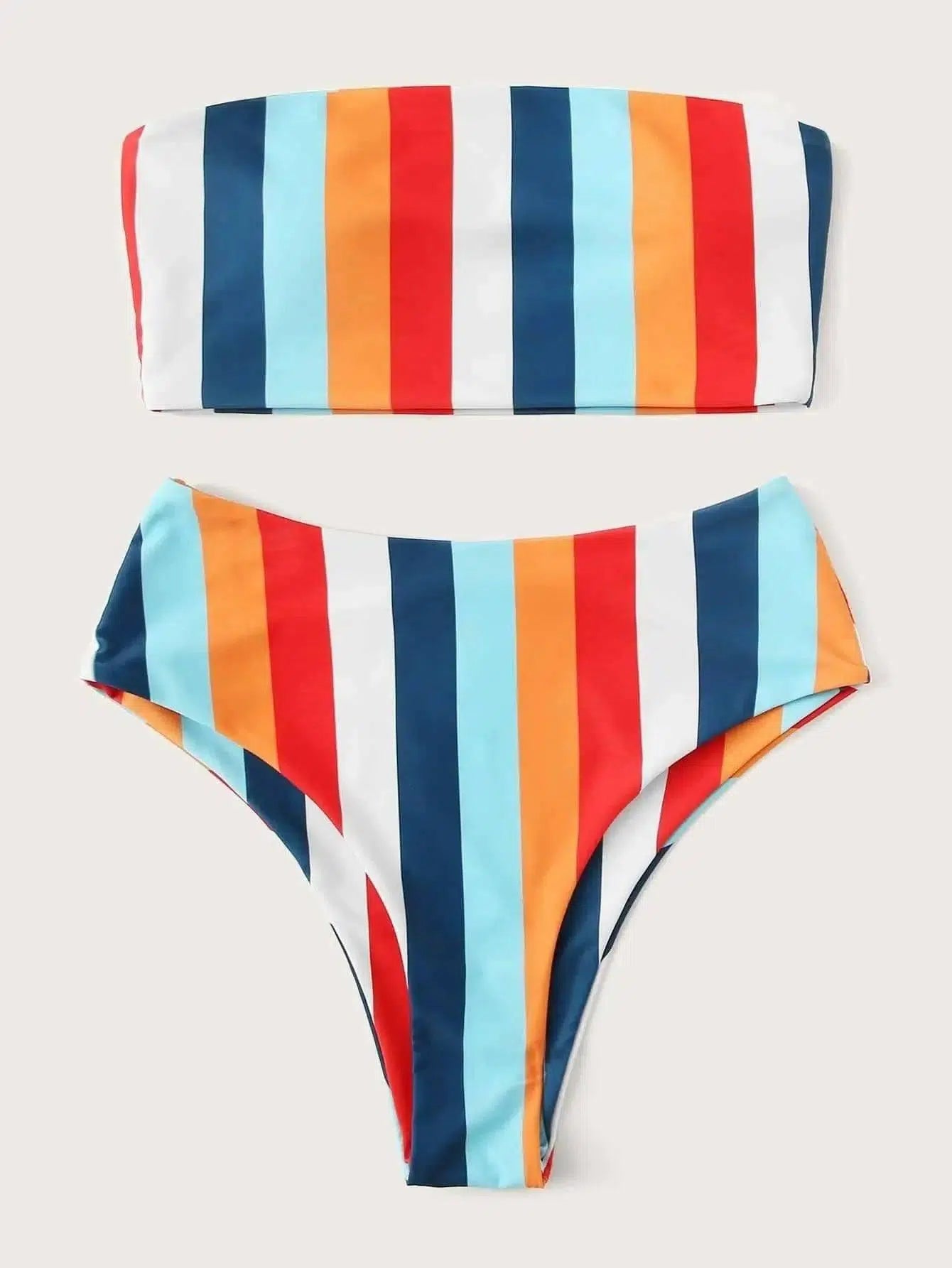 Chest Print Rainbow Striped High Waist Split Bikini-1