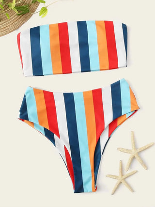 LOVEMI - Chest Print Rainbow Striped High Waist Split Bikini