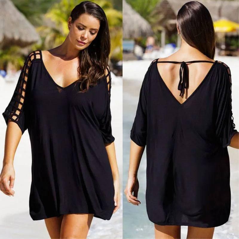 Chic Black Lattice Sleeve Beach Dress-black-1